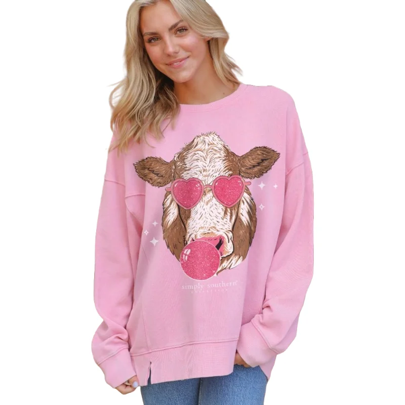 Simply Southern Ladies Bubblegum Blowing Cow Graphic Pink Pullover SWT-COW-PRISM Bolero Style Sweater