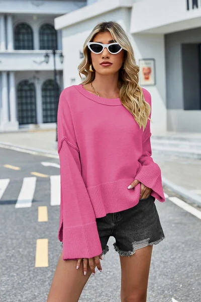 Liam High-Low Slit Round Neck Long Sleeve Sweater Transparent Opaque Sheer