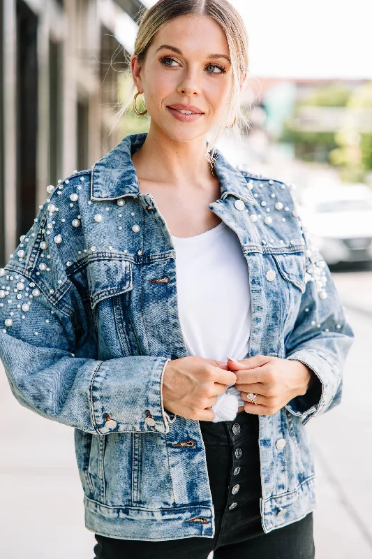 Back In Town Medium Wash Embellished Denim Jacket Tailored Jacket Straight Jacket A-Line Jacket