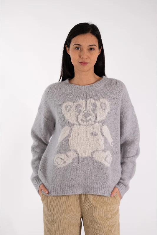 JEFF Grey Teddy Bear Jumper Print Jacquard Patchwork