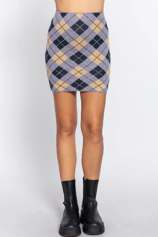 Argyle Jacquard Sweater Mini Skirt Elasticated Padded Insulated