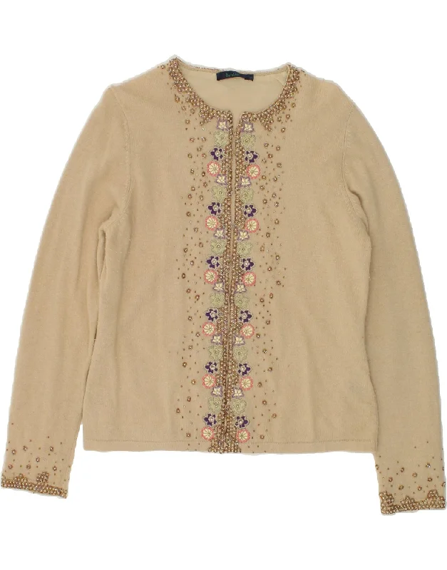 BODEN Womens Cardigan Sweater UK 16 Large Beige Floral Lambswool Toggled Drawstring Belted