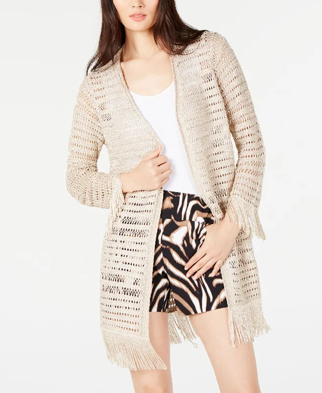 Petite Crochet Fringe Cardigan Completer Welt Pockets Slit Pockets Flap Pockets