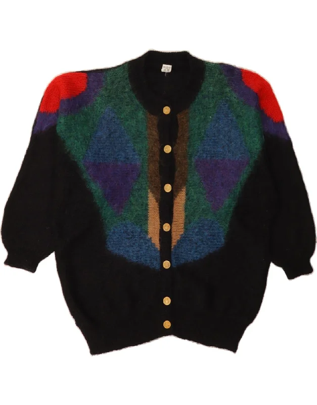 VINTAGE Womens Cardigan Sweater UK 14 Medium Black Colourblock Wool Print Jacquard Patchwork VINTAGE Womens Cardigan Sweater UK 14 Medium Black Colourblock Wool Print Jacquard Patchwork