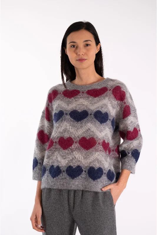 JEFF Grey & Blue Heart Sweater Toggled Drawstring Belted