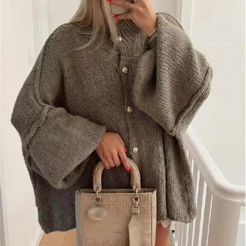 TAVIMART  -  Loose Knitted Sweater Cardigan Women 2024 Autumn Single Breasted O Neck Fashion Top Office Female Casual Coat Female Outfit Top Fleece Cardigan Nylon Polyester