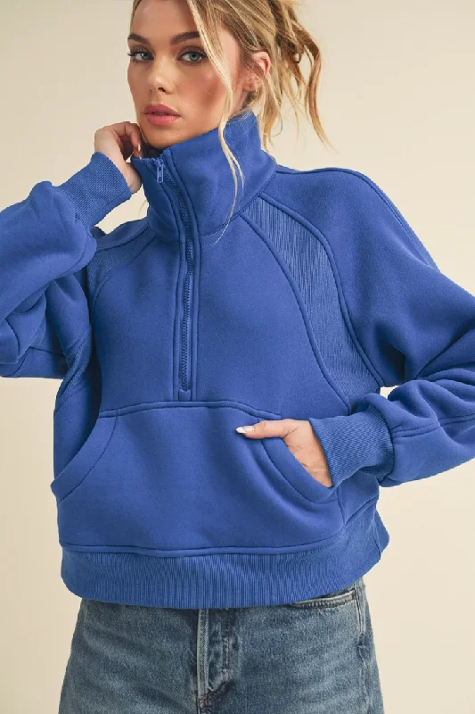 Dove Funnel Neck Half Zip Pullover- Cobalt Blue One Shoulder Top