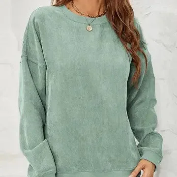 Soft As Velvet Green Textured Pullover Top Port Neck Pullover