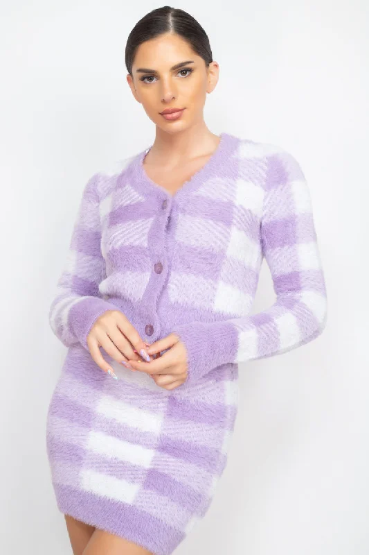 Plaid Button-front Cropped Sweater Cardigan Open Front Closed Front Wrap Front