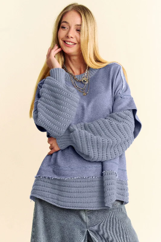 Davi & Dani Faux Layered Round Neck Sweater In Blue Nylon Fabric Polyester Fabric Spandex Fabric Davi & Dani Faux Layered Round Neck Sweater In Blue Nylon Fabric Polyester Fabric Spandex Fabric