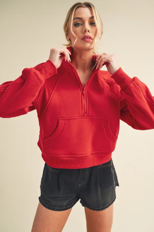 Dove Funnel Neck Half Zip Pullover- Tomato Red Over Sleeve Pullover