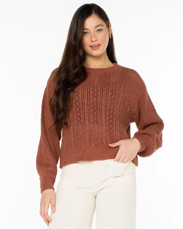 Day Break Open Knit Sweater - Russet Print Jacquard Patchwork