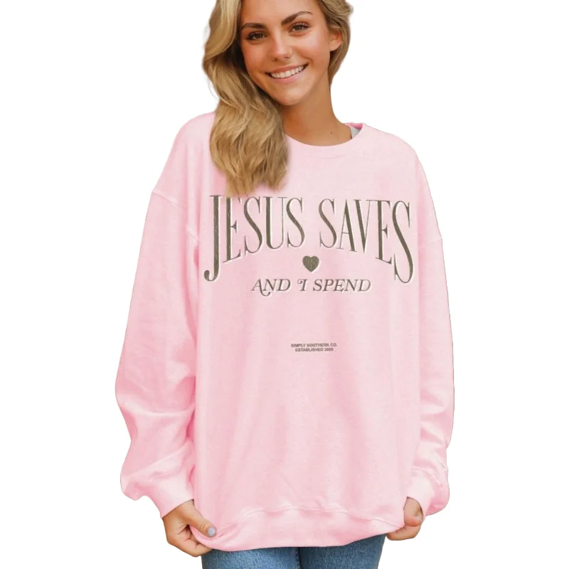 Simply Southern Ladies Jesus Saves Graphic Light Pink Pullover CREW-JESUS-TUTU Box Sleeve Comfort