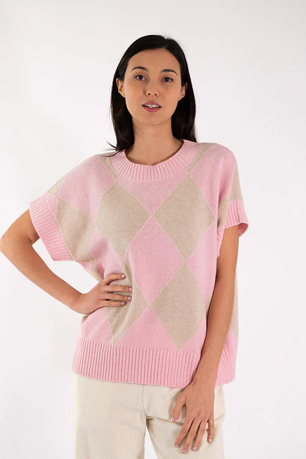 JEFF Pink Short Sleeves Sweater Welt Pockets Slit Pockets Flap Pockets