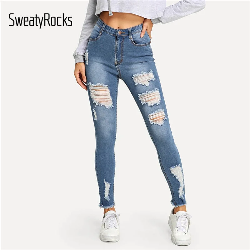 SweatyRocks Faded Wash Ripped Jeans for Women Streetwear Blue Denim Pants 2019 Button Fly Skinny Jeans Woman Casual Trousers Trousers Leisure Comfortable SweatyRocks Faded Wash Ripped Jeans for Women Streetwear Blue Denim Pants 2019 Button Fly Skinny Jeans Woman Casual Trousers Trousers Leisure Comfortable