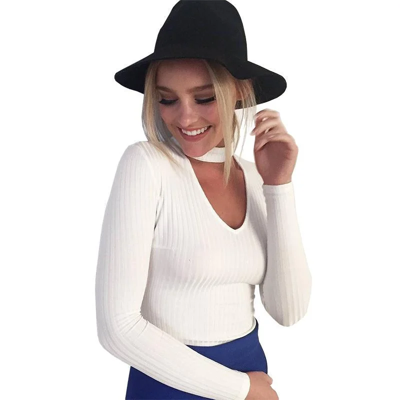 BerryGo Autumn winter black halter knitted sweater White pullover women tops Slim v neck long sleeve chic jumper pull femme Button Front Sweater