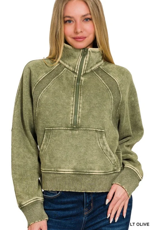 In Your Eyes Light Olive Acid Washed Pullover Oblong Neck Pullover