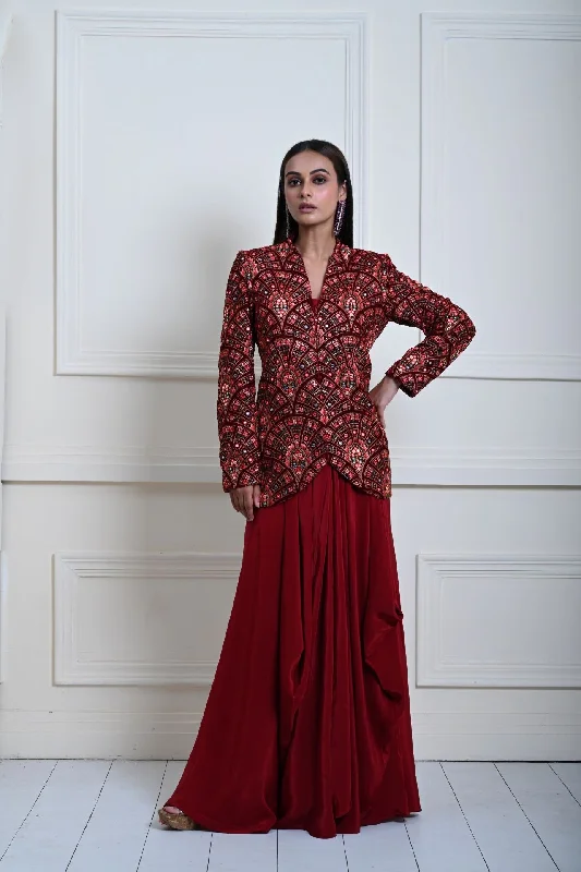 Maroon Velvet Embroidered Jacket with Drape Skirt Oversized Jacket Tailored Jacket Straight Jacket Maroon Velvet Embroidered Jacket with Drape Skirt Oversized Jacket Tailored Jacket Straight Jacket