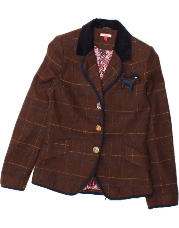 JOE BROWNS Womens 3 Button Blazer Jacket UK 10 Small  Brown Check Zippered Front Buttoned Front Snap Front