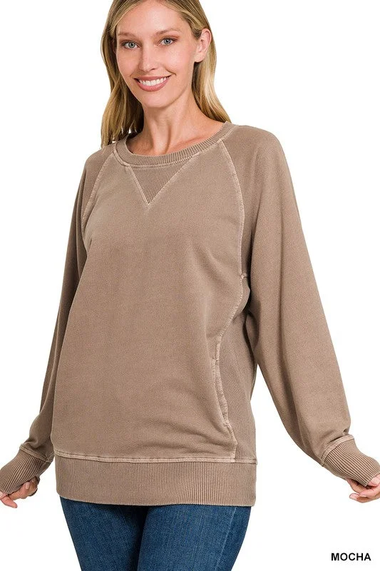 Casual Candor Mocha Pullover Top Ribbed Crew Neck