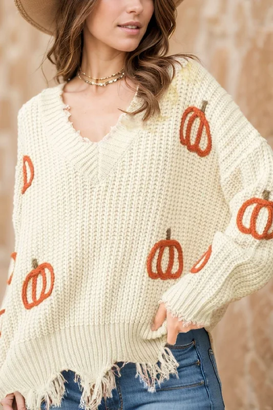 Hazel Blues® | Raw Hem Pumpkin V-Neck Long Sleeve Sweater Turtle Neck Boat Neck Asymmetrical Neck Hazel Blues® | Raw Hem Pumpkin V-Neck Long Sleeve Sweater Turtle Neck Boat Neck Asymmetrical Neck