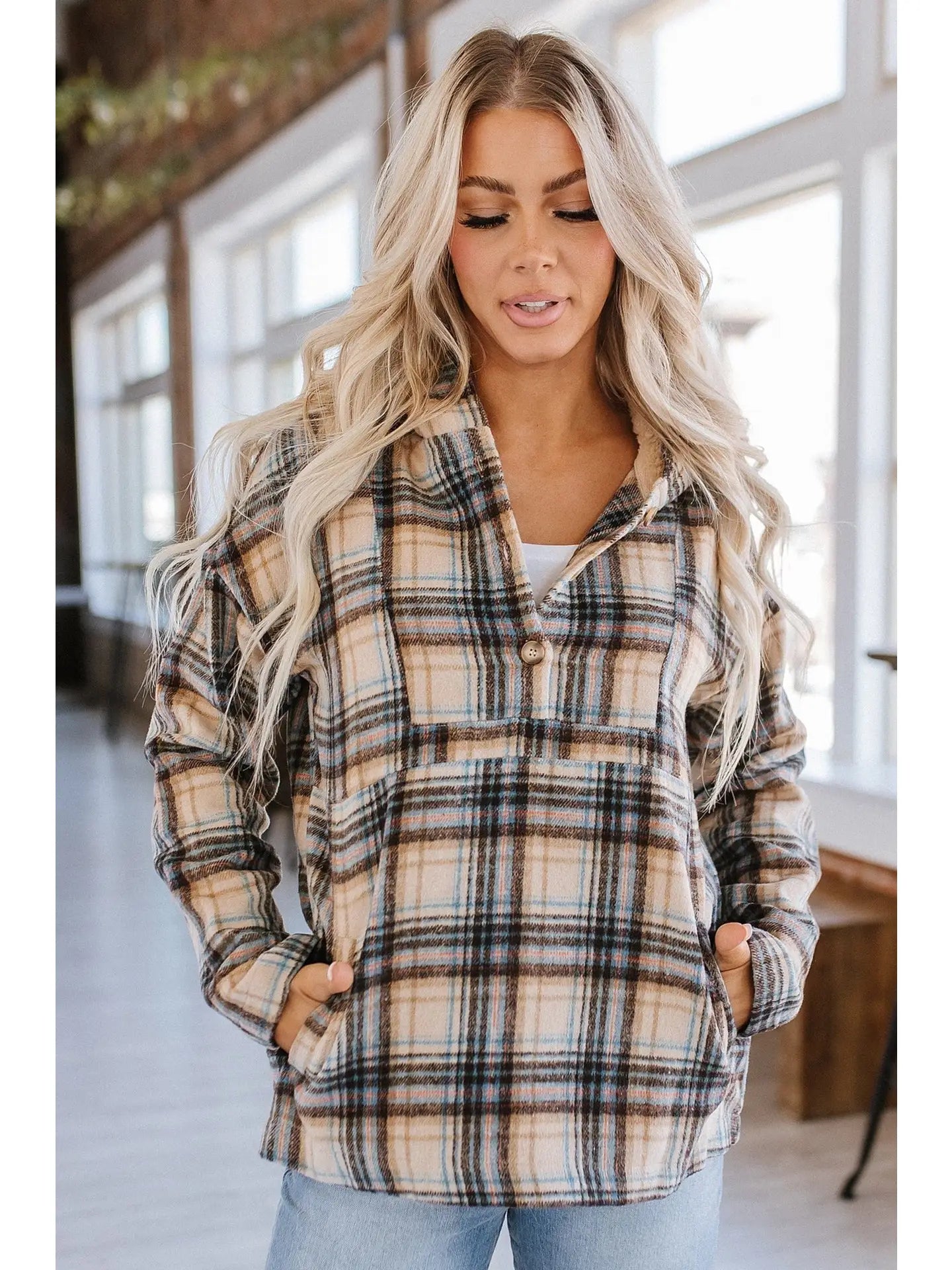 Khaki Plaid Pullover Bell Sleeve Stylish