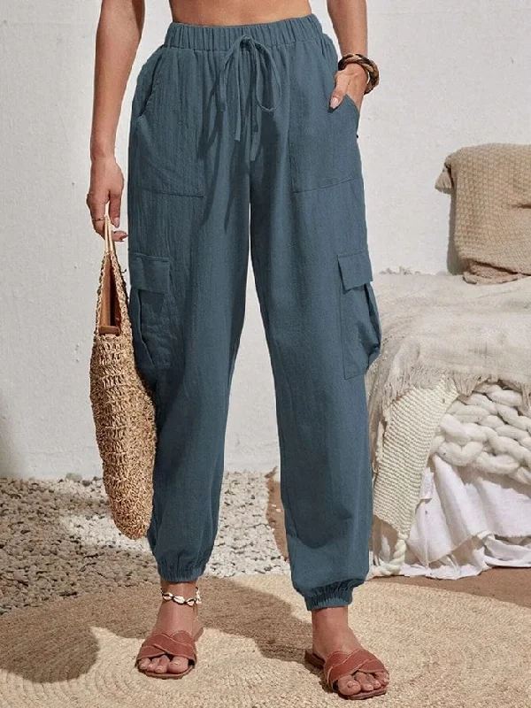 Rosa Clothing Trousers Pocket Casual Cargo Pants in Blue Trousers Lace Delicate