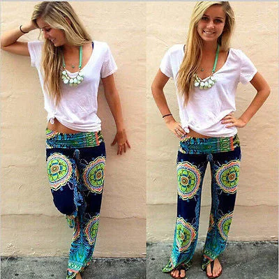 Blue Ladies Women's Fashion Floral Print Harem Pants Women Beach Clothing Loose Elastic Waist Trousers Casual Beach Pants Trousers Chinos Classic Blue Ladies Women's Fashion Floral Print Harem Pants Women Beach Clothing Loose Elastic Waist Trousers Casual Beach Pants Trousers Chinos Classic
