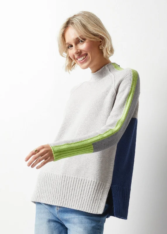 Intarsia Funnel Neck Sweater Front Pockets Side Pockets Patch Pockets