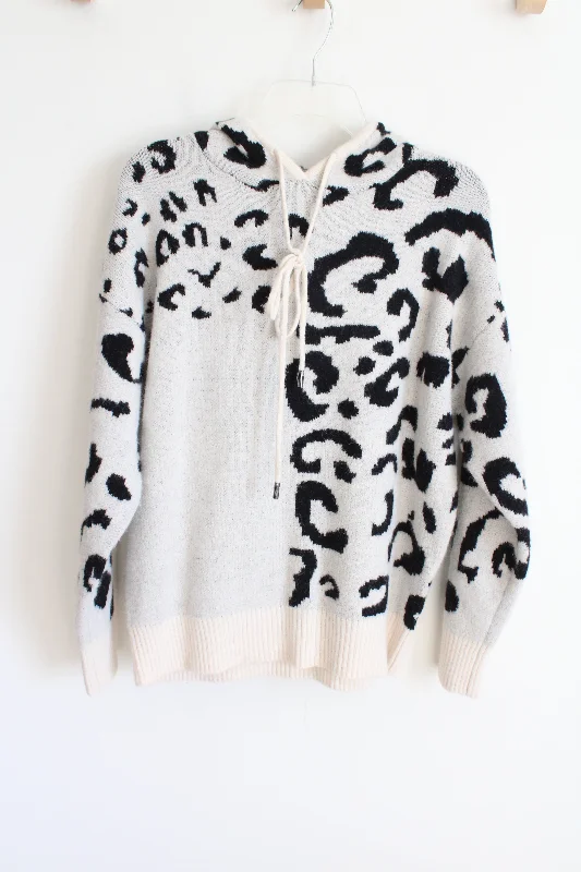 White Birch Off-White Leopard Print Soft Knit Hooded Sweater | S Layered Multi-layer Single Layer