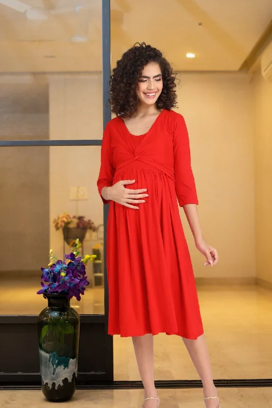 Sizzling Hot Red Maternity Knot Dress + Jacket (2pc) Appliqued Jacket Beaded Jacket Sequined Jacket