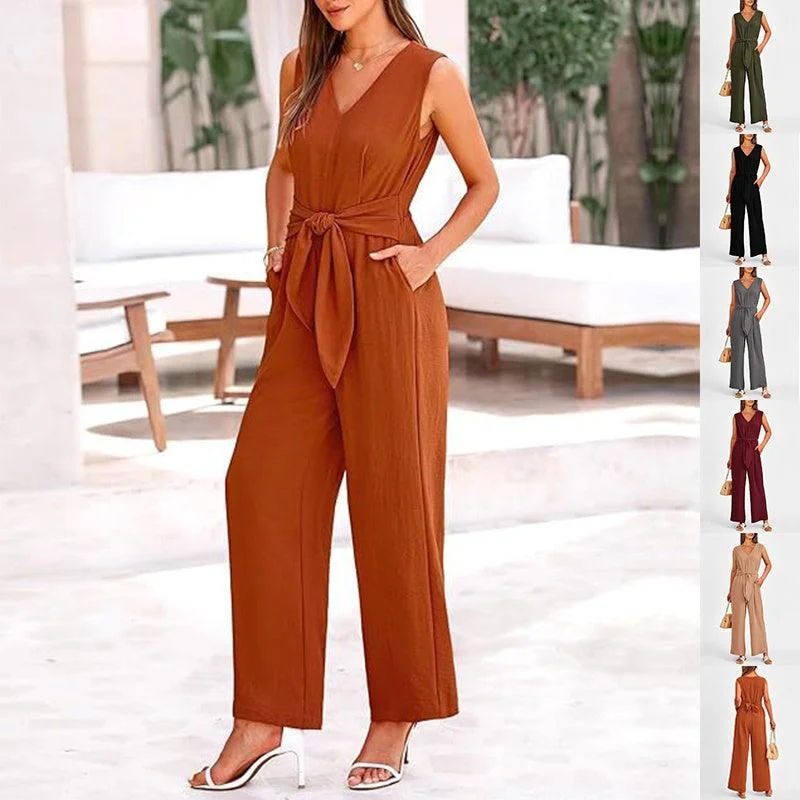 New V-neck Sleeveless Long Jumpsuit With Pockets And Lace-up Design Wide-leg Straight Trousers Summer Womens Clothing Trousers Yoga Stretchy