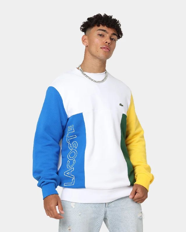 Lacoste Graphic Panel Fleece Sweatshirt White/Blue Hoodie with Hem Raw Edge Edgy Unfinished