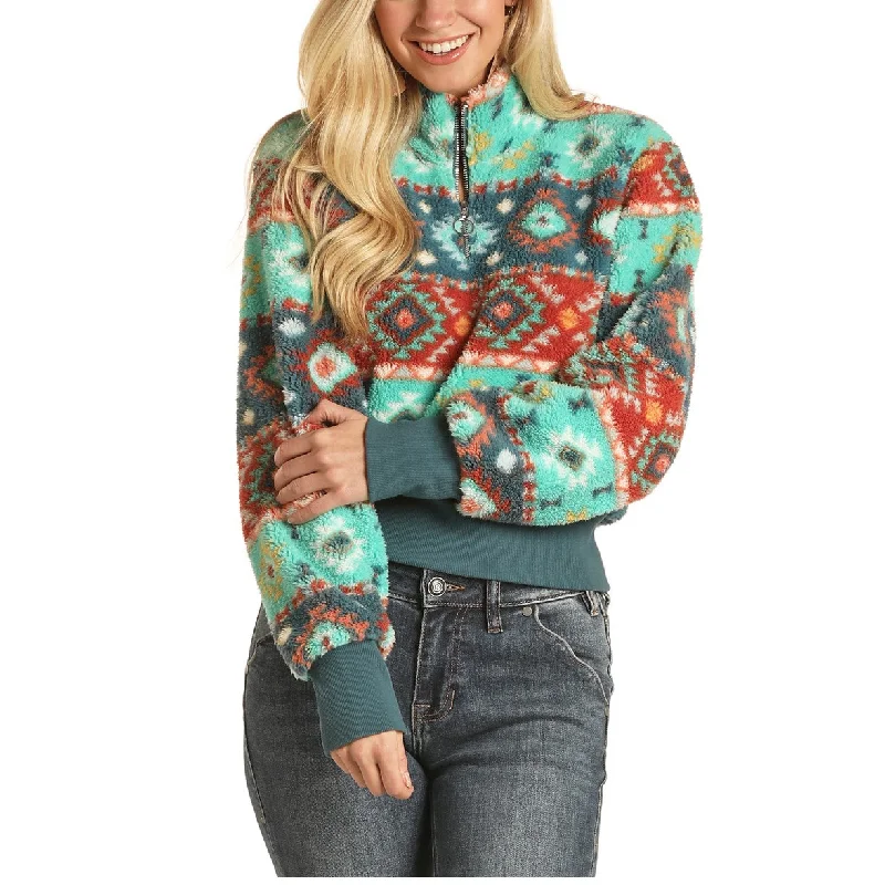 Rock & Roll Cowgirl Ladies Aztec Turquoise Pullover Sweater 48T1198-86 Cashmere Luxurious Pullover