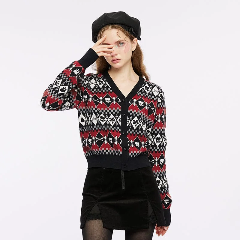 Women's Grunge Skull Diamond Knitted Cardigan Front Pockets Side Pockets Patch Pockets