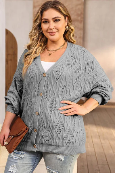 Tiana Plus Size Cable-Knit Button Up Sweater Solid Print Embellished