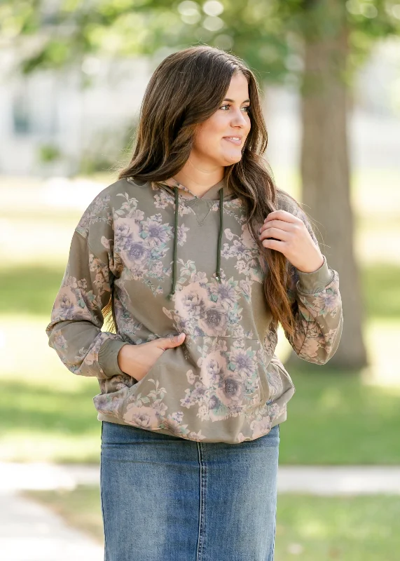 Floral Olive Hoodie Sweatshirt - FINAL SALE Hoodie with Tie-Dye Psychedelic Retro