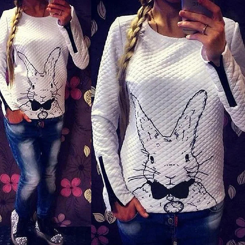 Women Femal Winter Rabbit Printed Long Sleeve Pullover Tops Outwear Shirt Sweaters S M L XL XXL Thin Wool Pullover