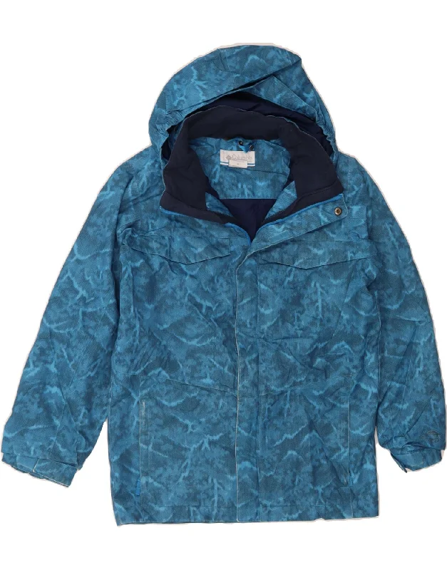 COLUMBIA Womens Abstract Pattern Windbreaker Jacket UK 14 Medium Blue Snapped Jacket Toggled Jacket Drawstring Jacket