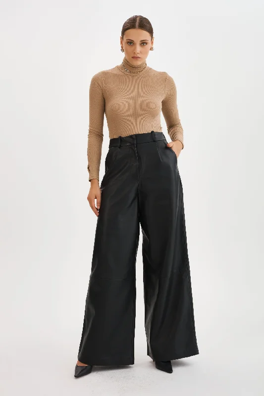 ROSSA | Wide Leg Leather Trousers Wide Leg Loose Fit Mid Waist