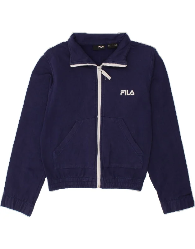 FILA Womens Crop Tracksuit Top Jacket UK 10 Small Navy Blue Cotton Welt Pockets Slit Pockets Flap Pockets