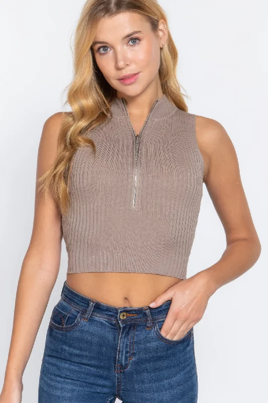 Sleeveless Rib Sweater Top W/zipper Embroidered Appliqued Beaded