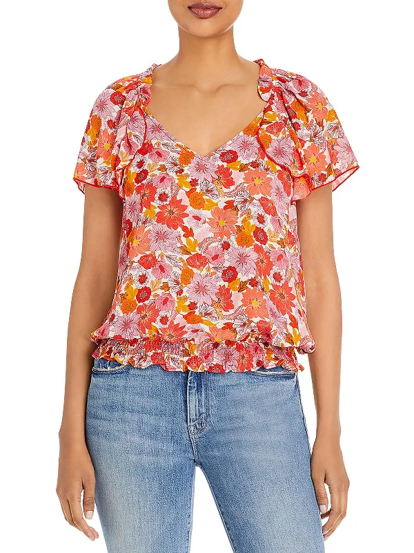 Womens Floral Print Ruffle-Neck Pullover Top Ruffled Neck Pullover