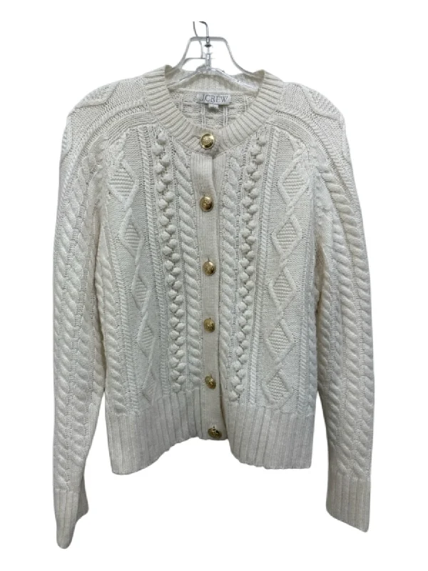 J Crew Size L Ivory White Polyamide Blend Round Neck Gold Button Detail Cardigan Zippered Front Buttoned Front Snap Front