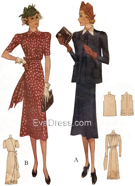 1938 Maternity (or not) Dress & Jacket, D30-9799 V-Neck Jacket Boat Neck Jacket Square Neck Jacket