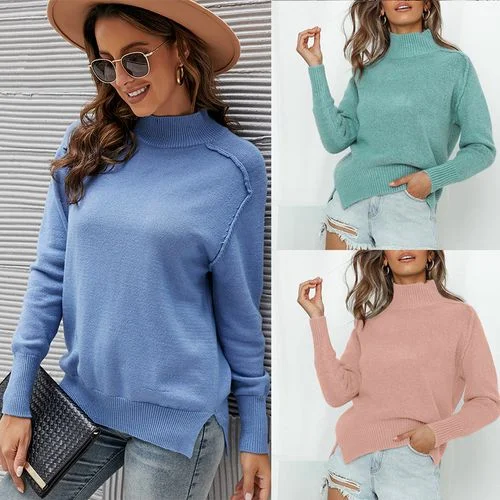 Solid Color Turtleneck Long-sleeved Women Pullover Sweater Soft Wool Sweater