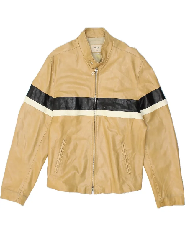 1957 LEGENDARY Womens Leather Jacket UK 16 Large Beige Striped Leather Mesh Jacket Canvas Jacket Denim Jacket