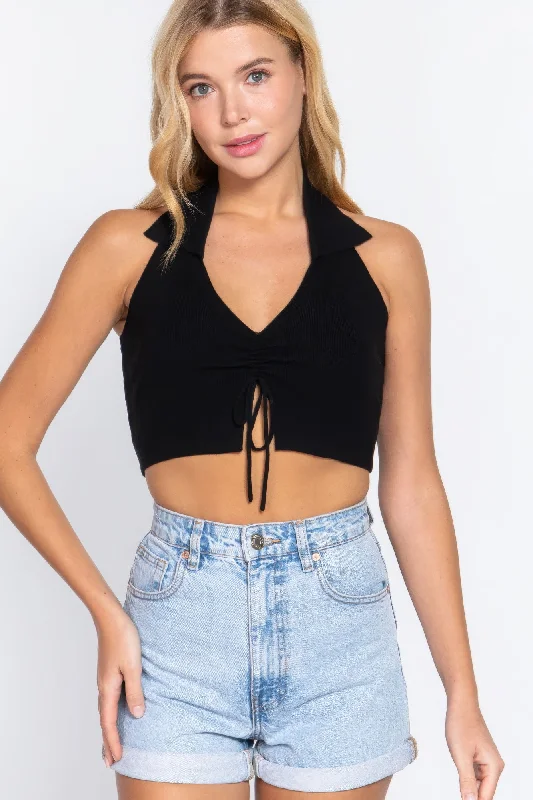 Halter Ruched Crop Sweater Knit Top Terry Blend Velvet Blend Canvas Blend