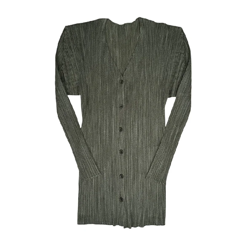 ISSEY MIYAKE PLEATS PLEASE CARDIGAN - GREEN Silk Blend Satin Velvet