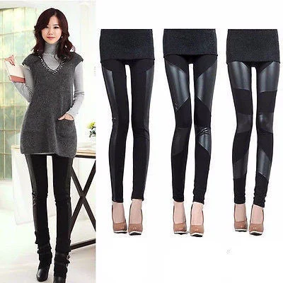 Fashion Womens Faux Leather Patchwork Black Leggings Pants Slim Trousers Pants Trousers Chinos Classic Fashion Womens Faux Leather Patchwork Black Leggings Pants Slim Trousers Pants Trousers Chinos Classic